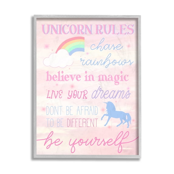 Stupell Industries Unicorn Rules Happiness Rainbow Pink Sky Grey Framed, 11 x 14, Design by Daphne Polselli