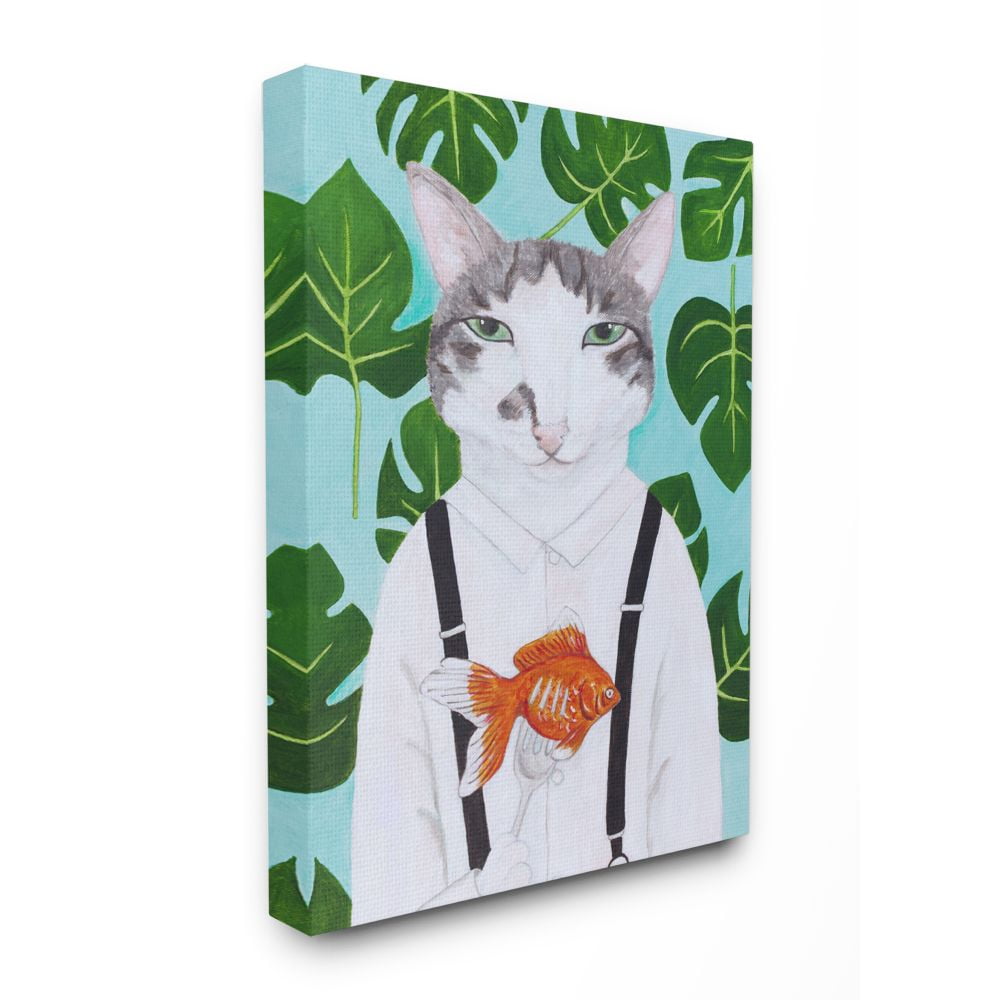Stupell Home Décor Cat Goldfish Dinner Funny Animal Portrait Painting Canvas Wall Art by Sally B