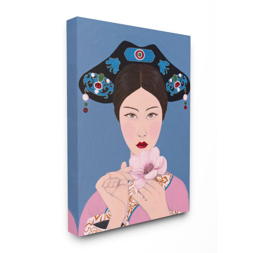 Stupell Home Décor Chinese Woman and Flower Pink Blue Painting Canvas Wall Art by Sally B