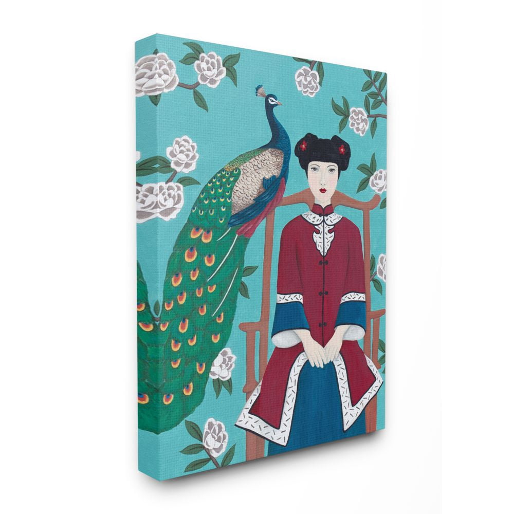 Stupell Home Décor Chinese Woman and Peacock Flower Pattern Blue Red Painting Canvas Wall Art by Sally B