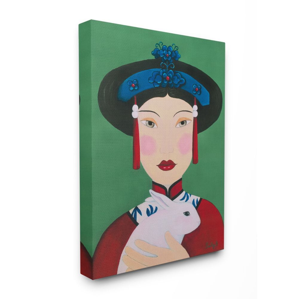 Stupell Home Décor Chinese Woman and Rabbit Green Red Painting Canvas Wall Art by Sally B