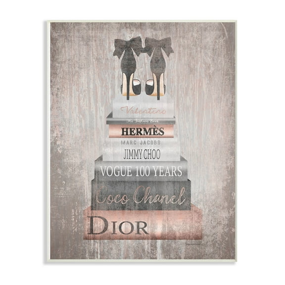 Stupell Home Décor Collection Book Stack Heels Metallic Pink Wall Plaque Art, 10 x 0.5 x 15