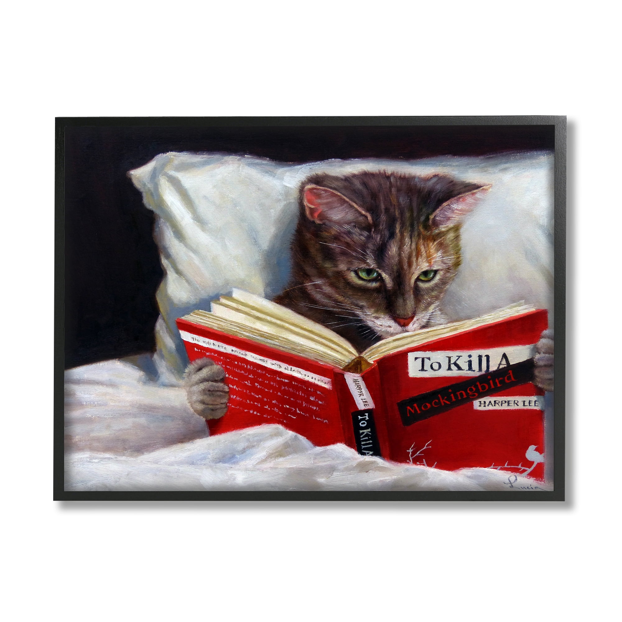 The Stupell Home Decor Collection Cat Reading a Book in Bed Funny Painting Framed Giclee Texturized Art, 11 x 1.5 x 14