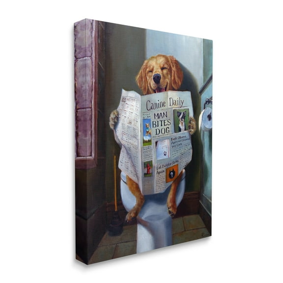 Stupell Home Décor Collection Dog Reading the Newspaper On Toilet Funny Painting Stretched Canvas Wall Art, 16 x 1.5 x 20