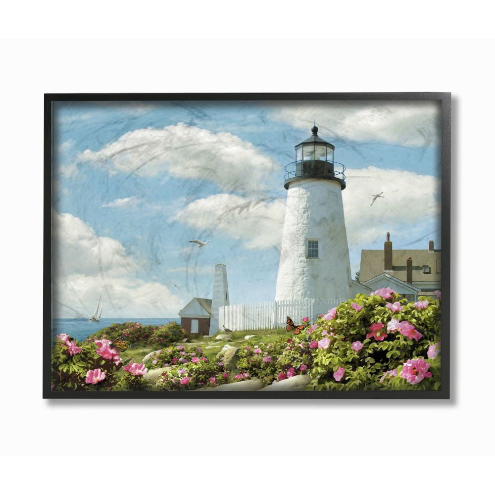 Stupell Home Décor Collection Pemaquid Lighthouse Bright Pink Floral Sea Side Scene Framed Giclee Texturized Art
