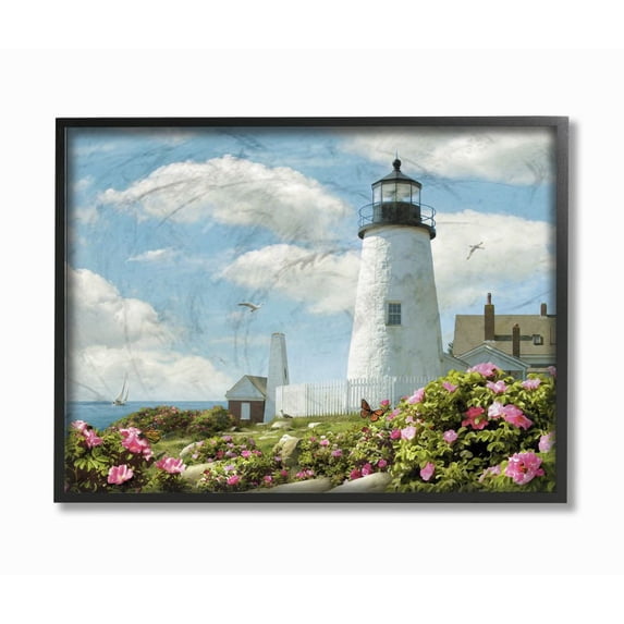 Stupell Home Décor Collection Pemaquid Lighthouse Bright Pink Floral Sea Side Scene Framed Giclee Texturized Art