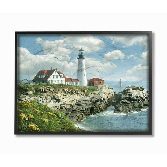 Stupell Home Décor Collection Portland Head Lighthouse Scene Grassy Ocean Side Peninsula with Sail Boat Framed Giclee Texturized Art