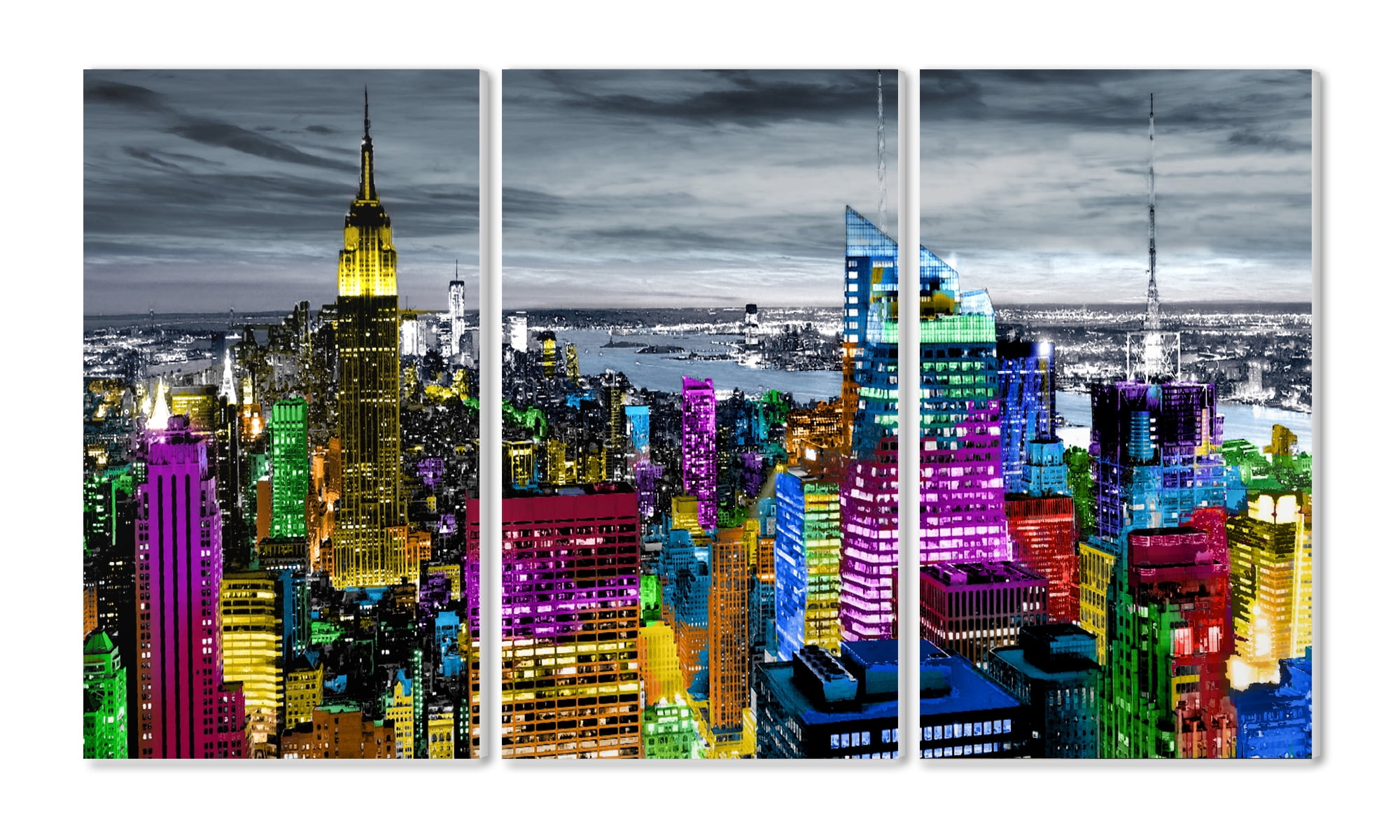 Stupell Home Décor Collection Rainbow Colorful City Lights Rooftop Skyline Photography Triptych Wall Plaque Art Set, 11 x 0.5 x 17