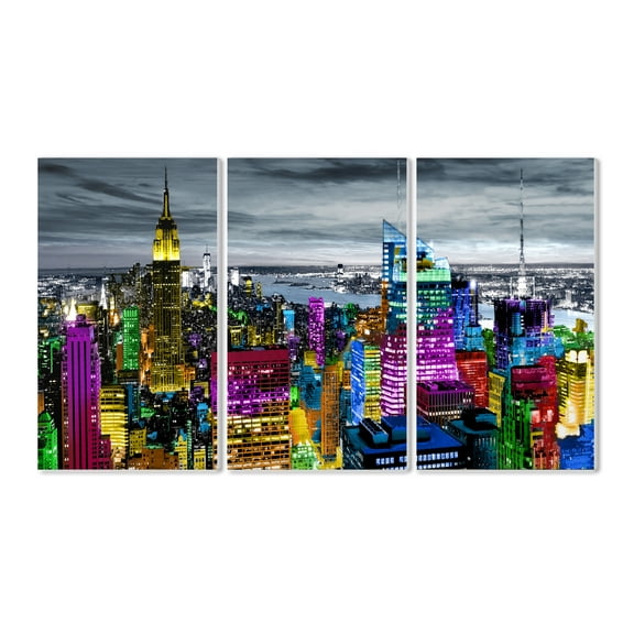 Stupell Home Décor Collection Rainbow Colorful City Lights Rooftop Skyline Photography Triptych Wall Plaque Art Set, 11 x 0.5 x 17