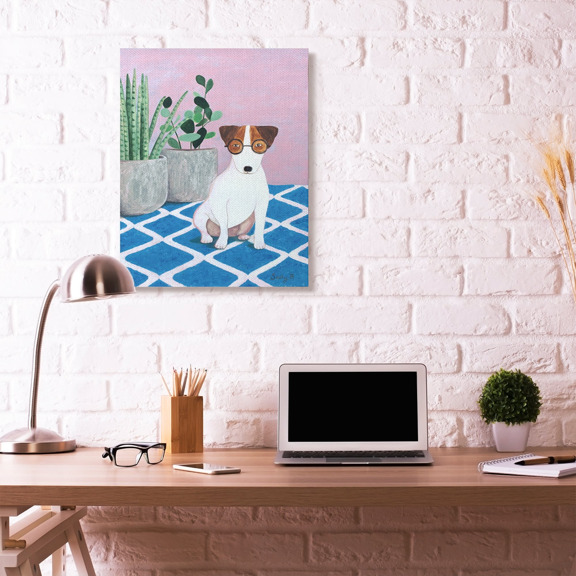 Stupell Home Décor Dog with Plants Pink Blue Pet Painting Canvas Wall Art by Sally B