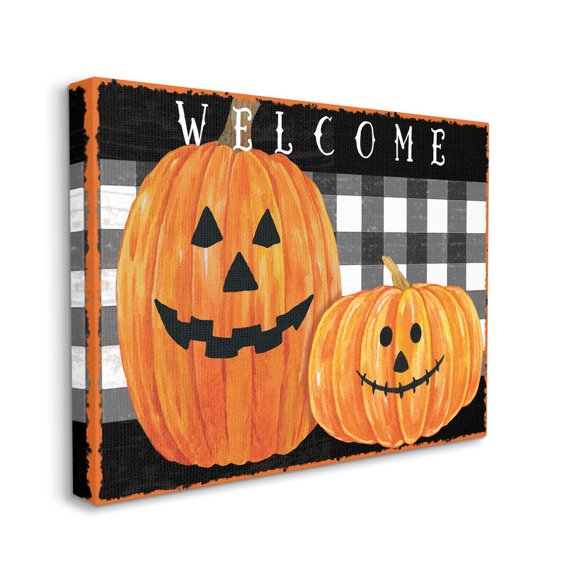 Stupell Home Décor Festive Halloween Welcome Sign Happy Pumpkins Black Plaid, 36 x 48, Designed by Andrea Tachiera