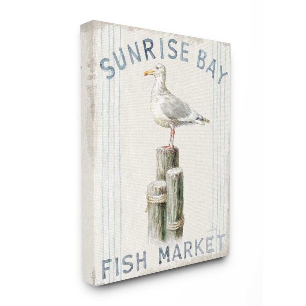 Stupell Home Décor Fish Market Sea Gull Bird Animal Beach Ocean Design Canvas Wall Art by Danhui Nai