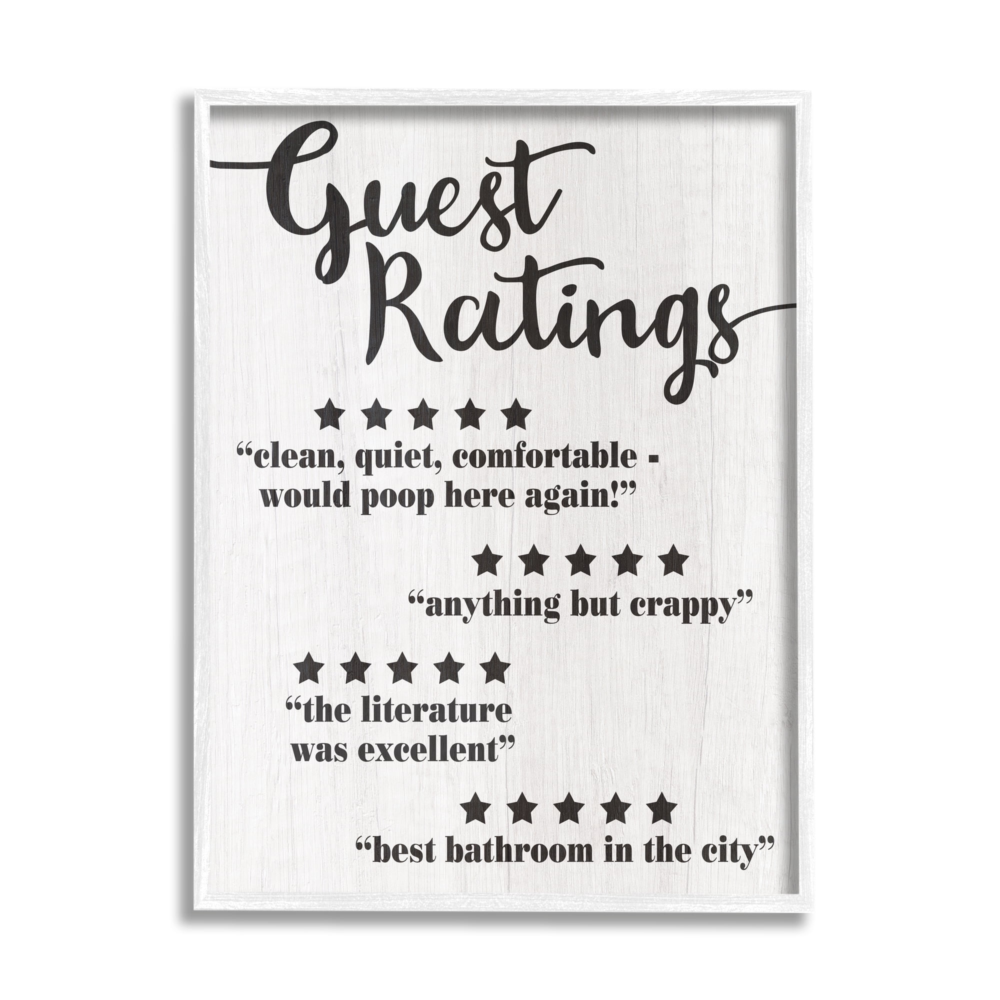 Stupell Home Décor Five Star Bathroom Funny Word Black and White Wood Textured Design, 24 in x 30 in, Design by Daphne Polselli