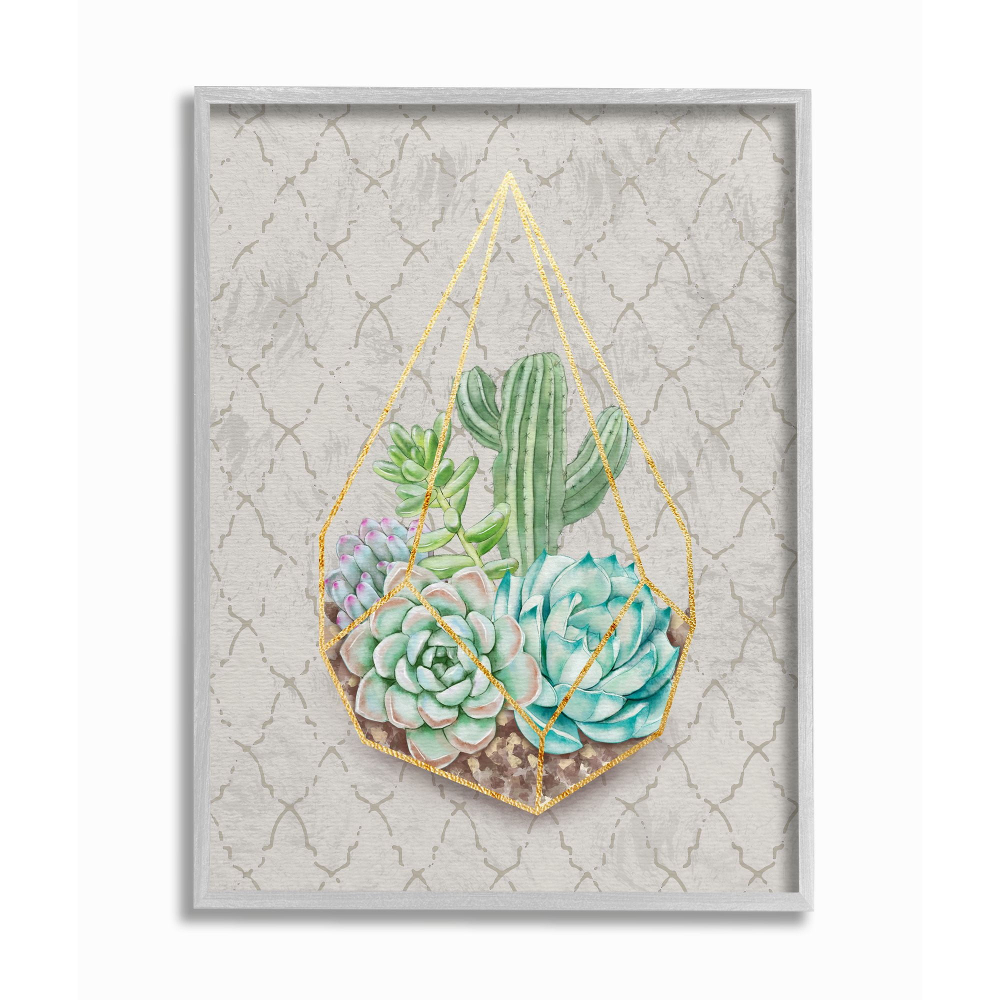 Stupell Industries Succulent Basket Gold Gray Watercolor Pattern Painting Framed Wall Art by Ziwei Li