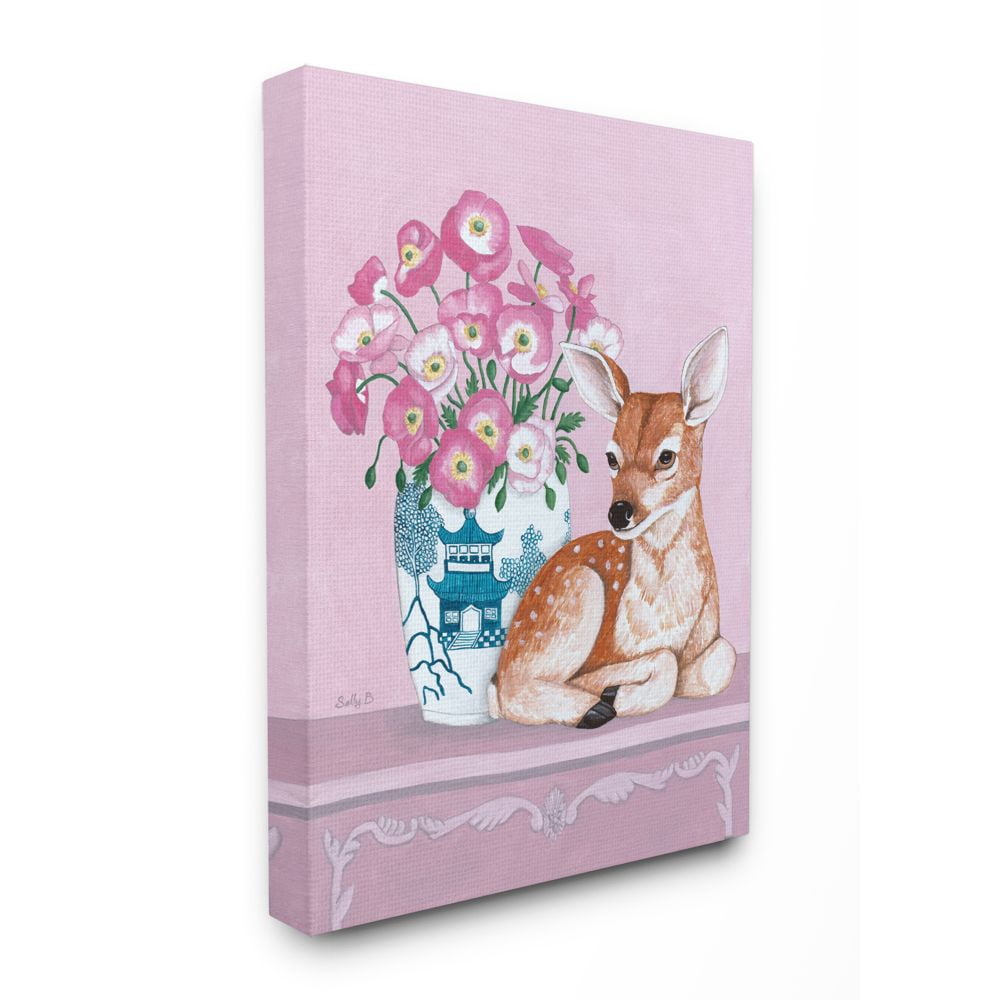 Stupell Home Décor Flower Vase And Deer Pink Animal Painting Canvas Wall Art by Sally B