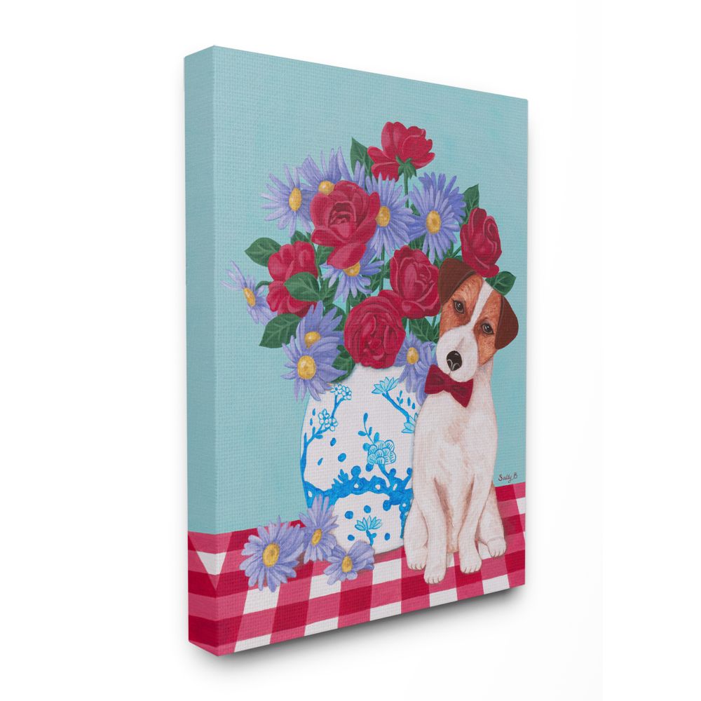 Stupell Home Décor Flower Vase with Dog Red Blue Animal Pet Painting Canvas Wall Art by Sally B