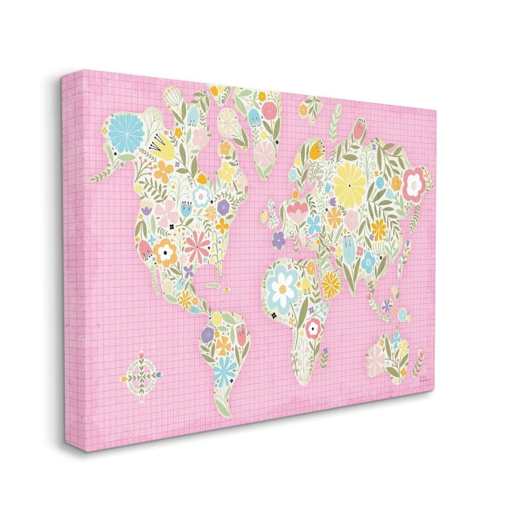 Stupell Home Décor Fun Floral Girl Pink Pastel Children's World Map Canvas Wall Art Design by Michael Mullan