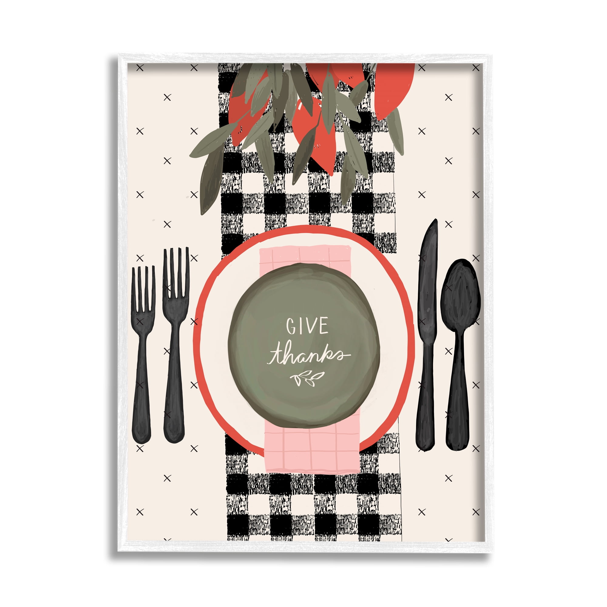 Stupell Home Décor Give Thanks Sentiments Holiday Festive Table Setting, 24 x 30, Designed by Jess Bruggink, White Frame