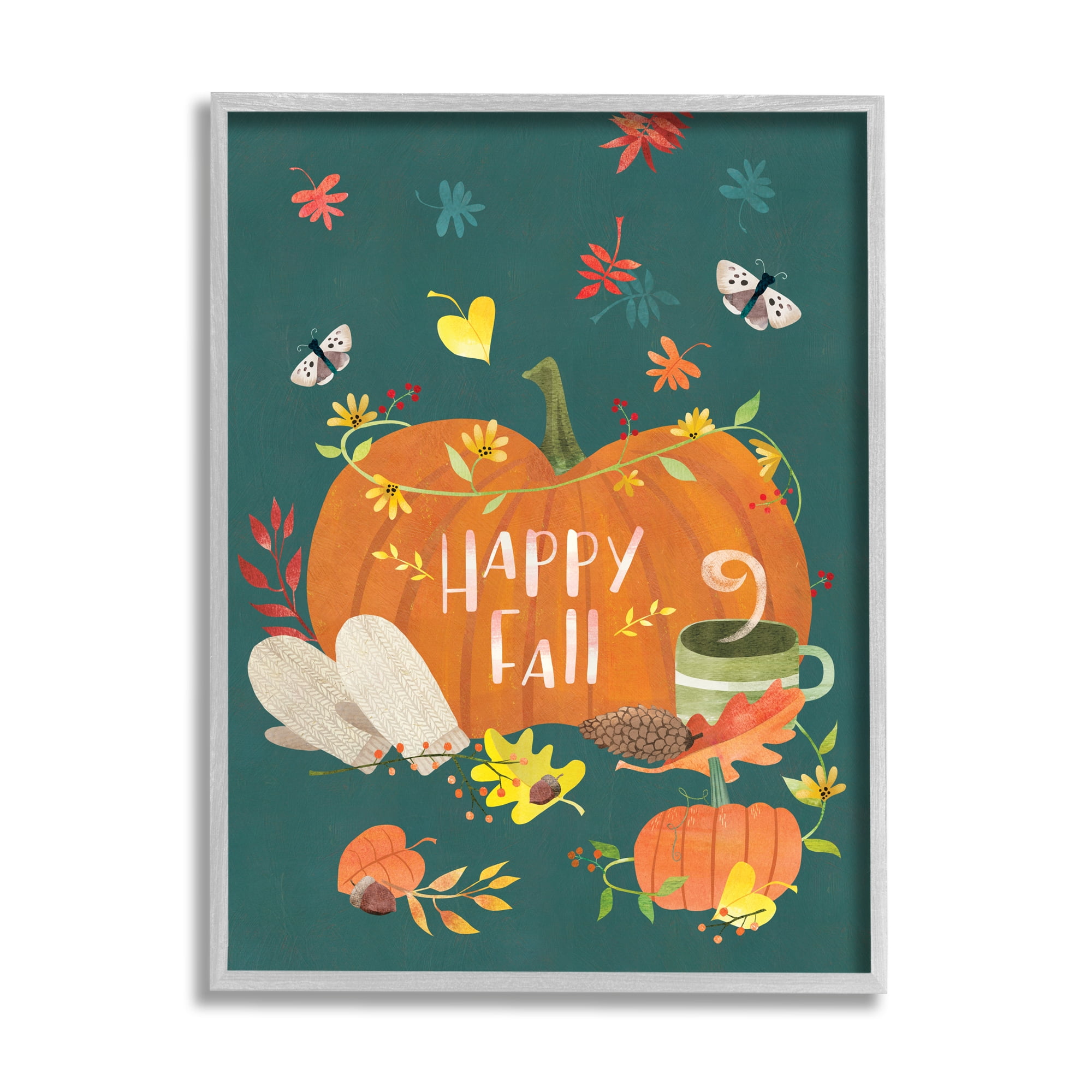 Stupell Home Décor Happy Fall Greeting Plump Orange Pumpkin Festive Moths, 16 x 20, Designed by Laura Watson, Gray Frame