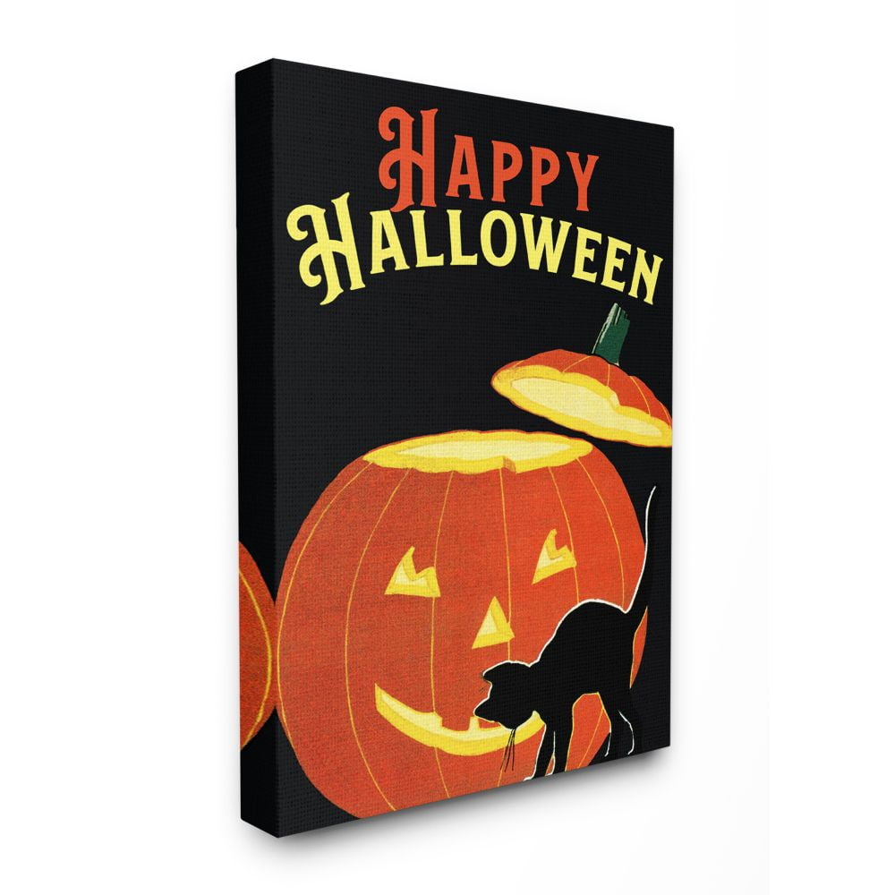 Stupell Home Décor Happy Halloween Pumpkin Cat Black Orange Word Design Canvas Wall Art by the Saturday Evening Post