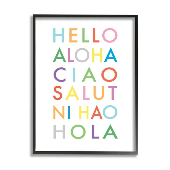 Stupell Home Décor Hello Aloha Ciao Salut Phrases Bold Rainbow Text, 11 x 14, Designed by Elizabeth Tyndall, Black Frame