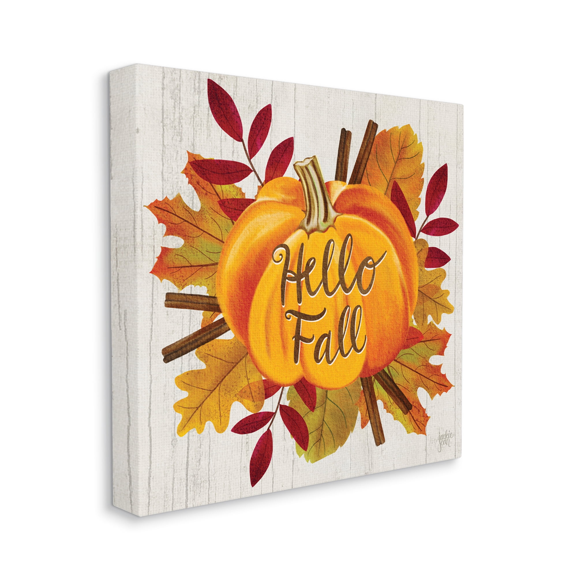 Stupell Home Décor Hello Fall Sentiment Orange Pumpkin Autumn Tree Leaves, 30 x 30, Designed by Jackie Quigley