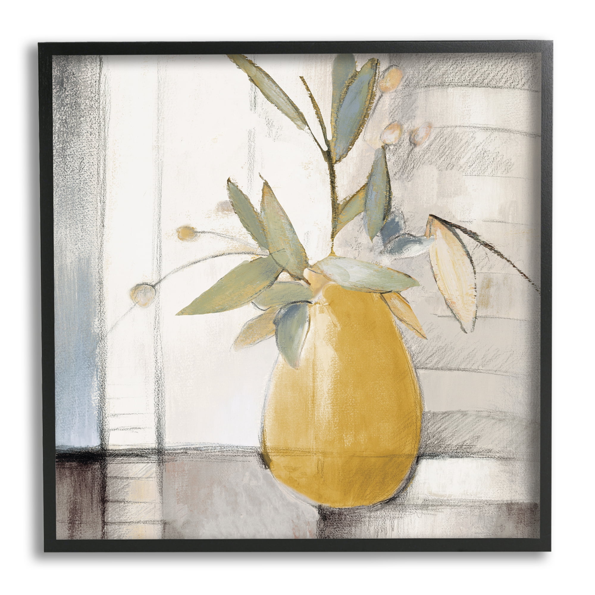 Abstract Green Leaves and Yellow Vase Canvas Print, 12 x 12