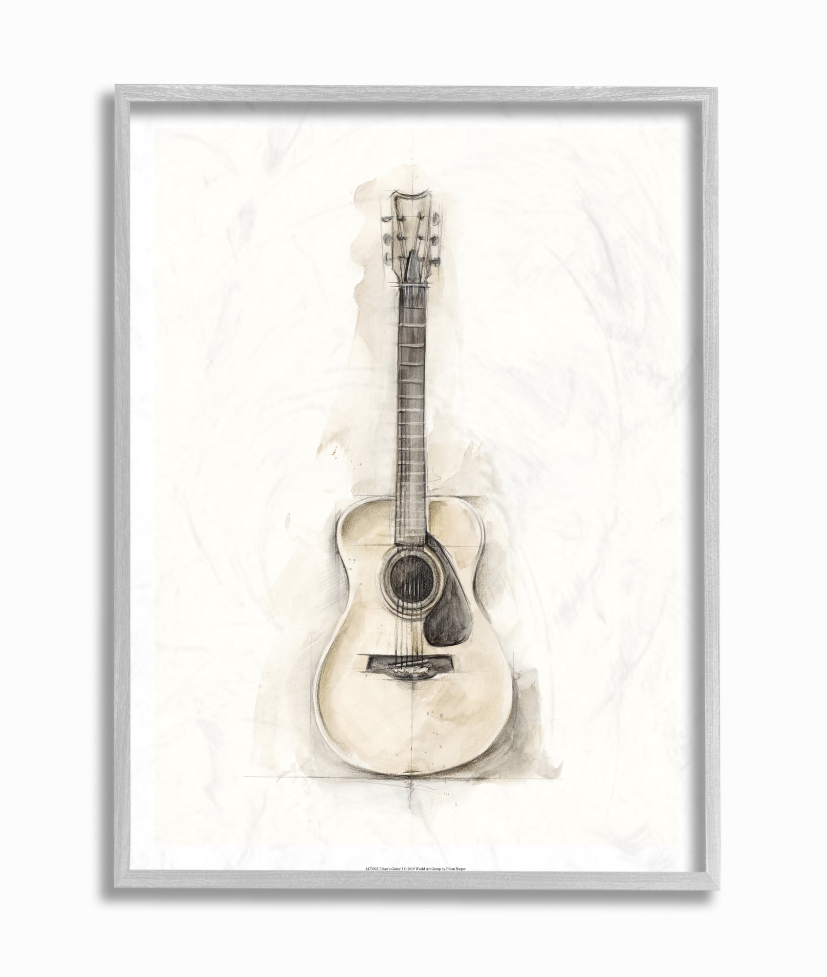 Acoustic Guitar Watercolor Drawing in Gray Frame, 11 x 14