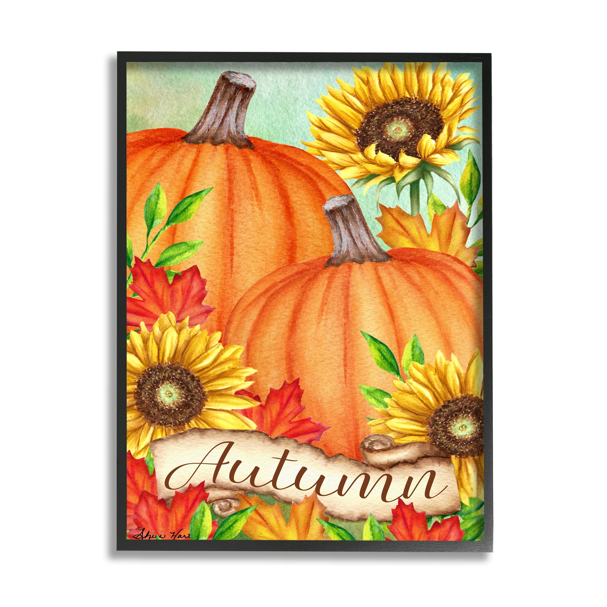 Stupell Home Décor Industries Autumn Pumpkins with Sunflowers Red Leaves Black Framed Design by Sheri Hart
