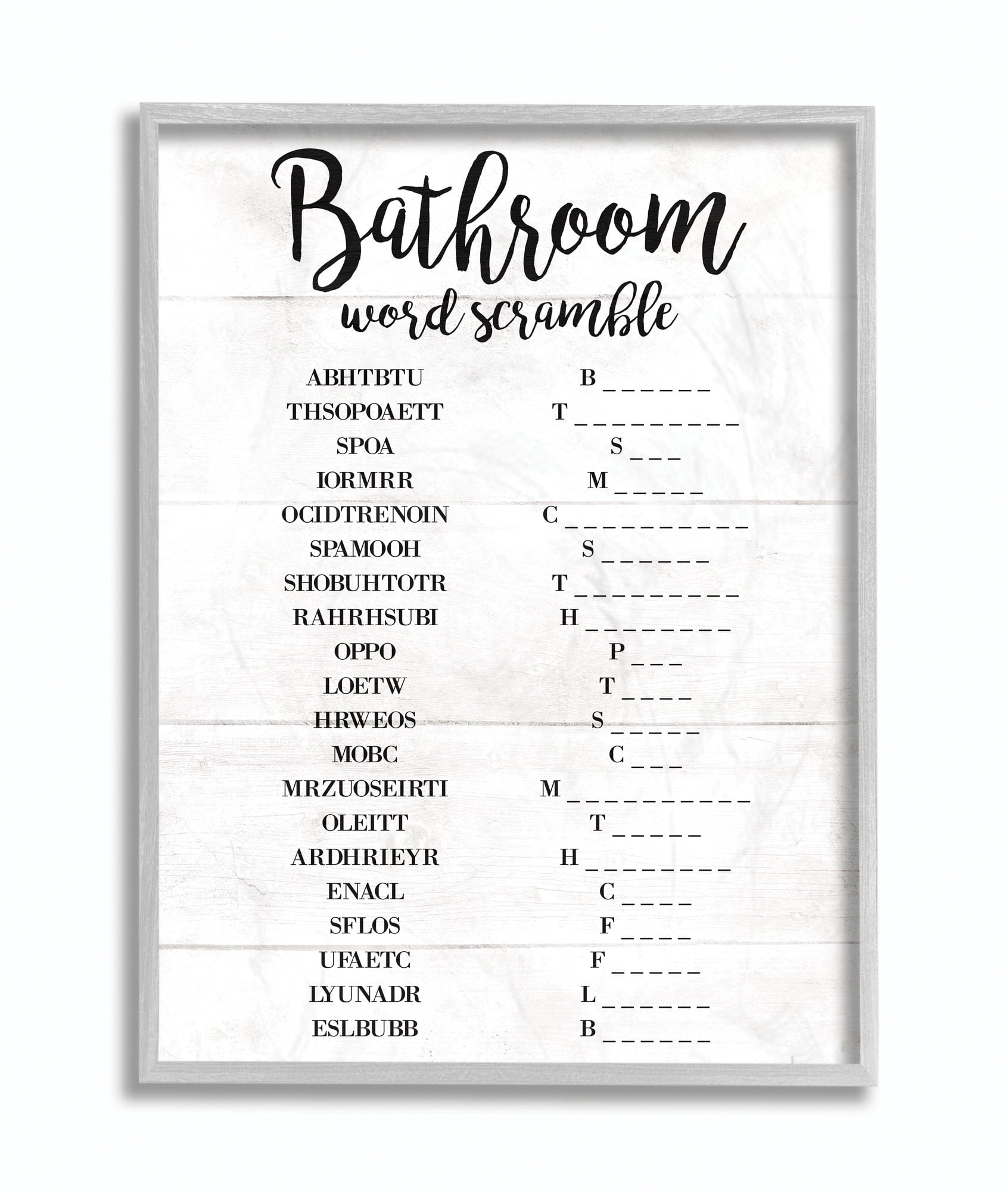 Kids' Bathroom Word Scramble Black and White Canvas Print