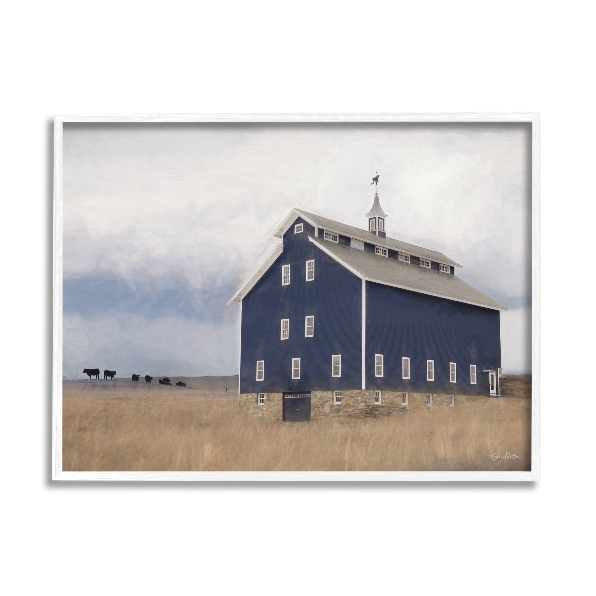 Stupell Home Décor Industries Blue Farm Barn Landscape Animals Grazing Cloudy Sky, 16 x 20, Designed by Lori Deiter