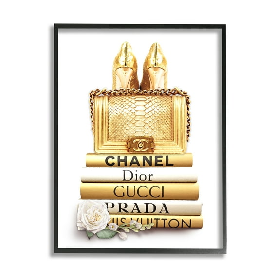 Stupell Home Décor Industries Divine Golden Fashion Purse on Glam Designer Bookstack, 11 x 14, Designed by Ros Ruseva