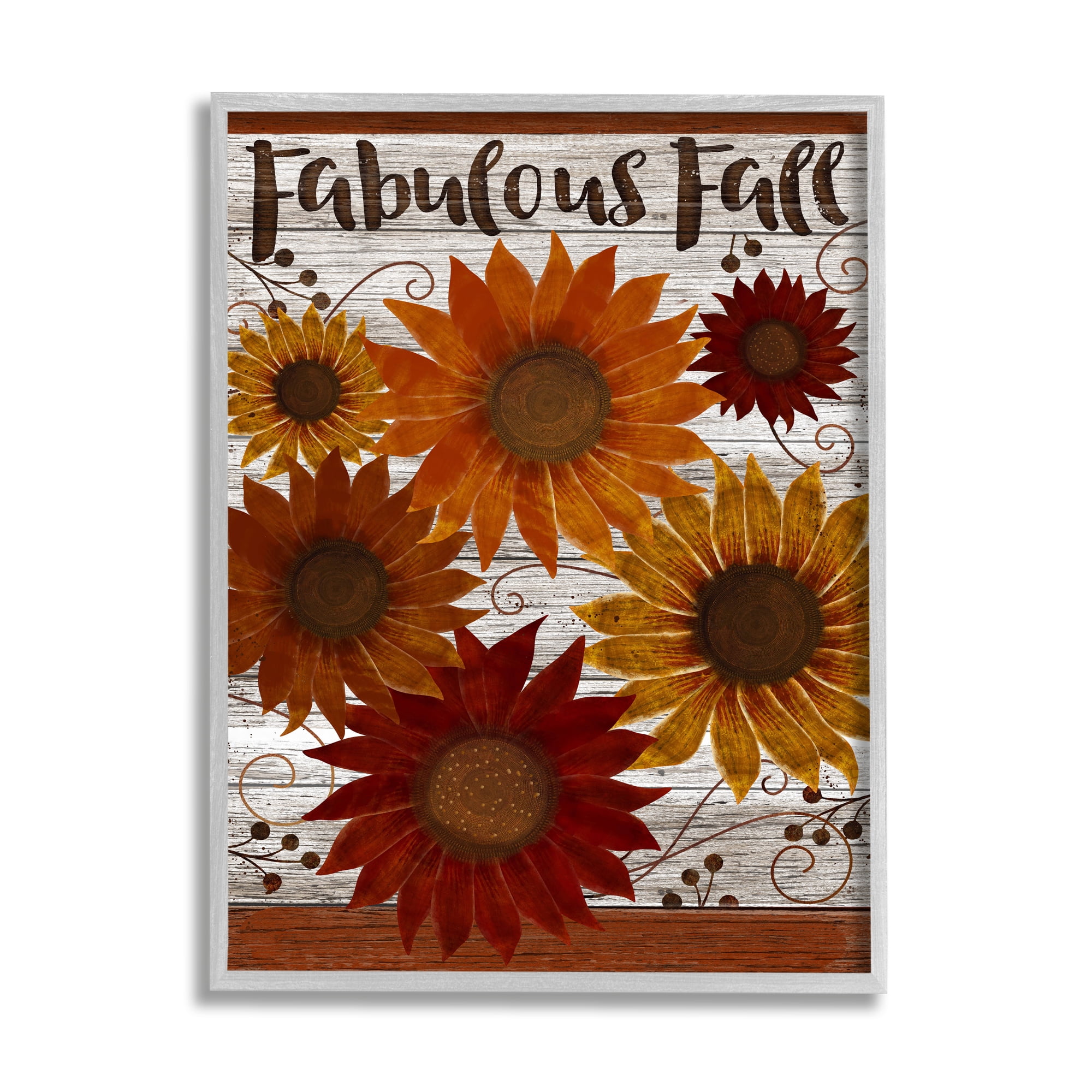 Stupell Industries Fabulous Fall Phrase Rustic Harvest Sunflowers Gray Framed Design by Beth Albert