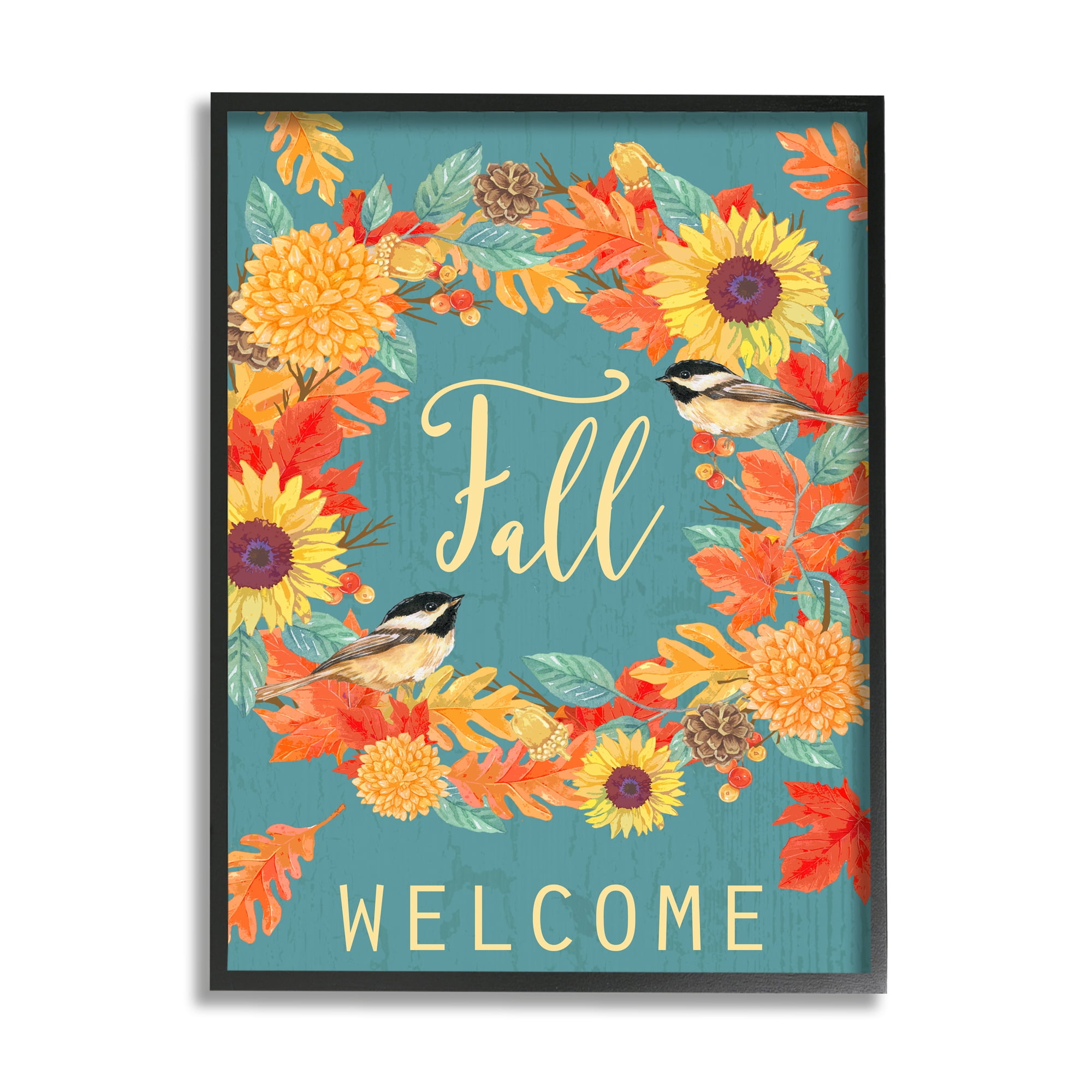 Stupell Home Décor Industries Fall Welcome Autumn Harvest Wreath Birds Black Framed Design by Andrea Tachiera