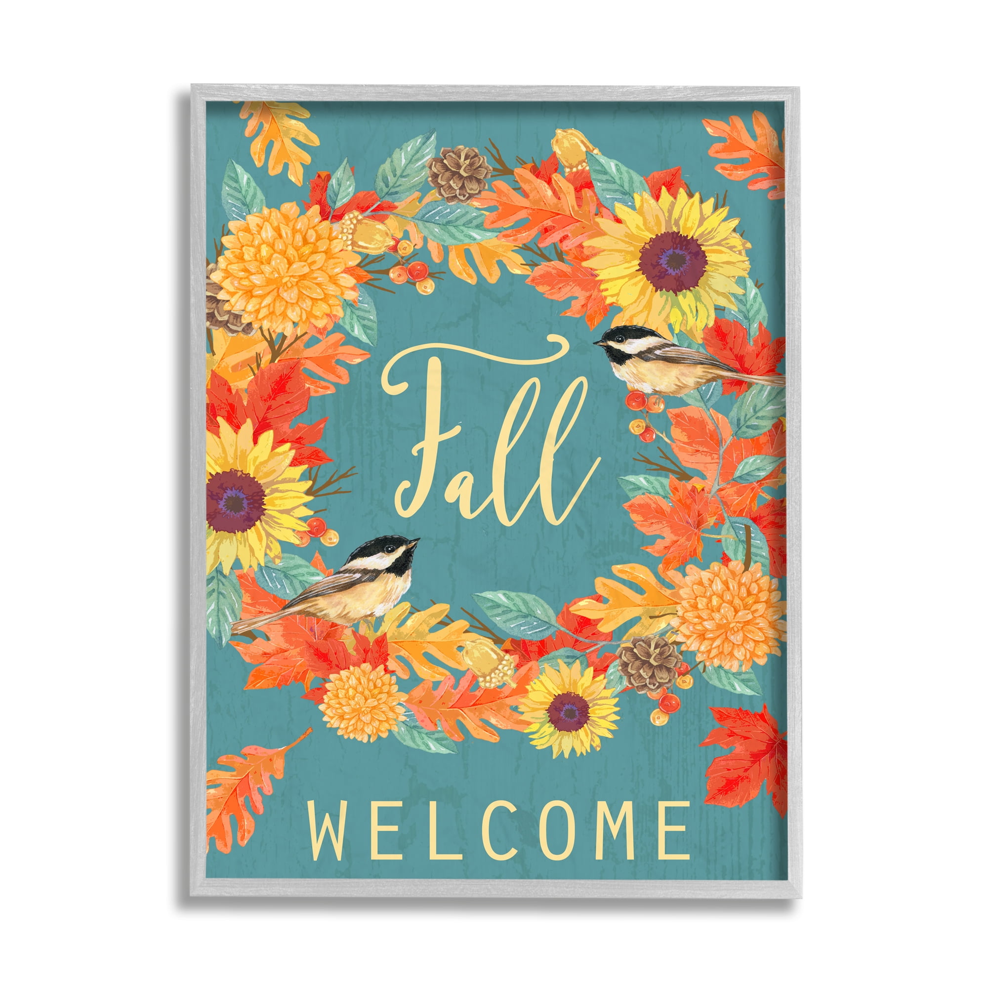 Stupell Home Décor Industries Fall Welcome Autumn Harvest Wreath Birds Gray Framed Design by Andrea Tachiera