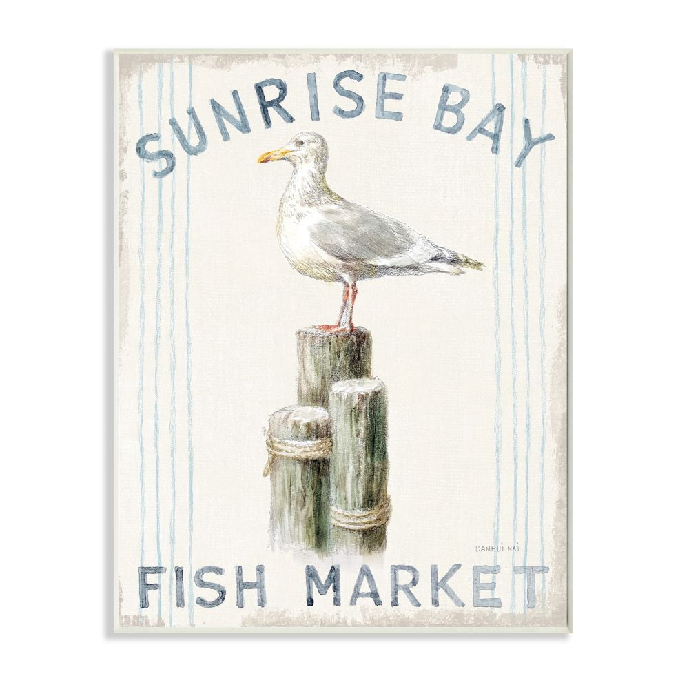 Stupell Home Décor Industries Fish Market Sea Gull Bird Animal Beach Ocean Design Wood Plaque by Danhui Nai