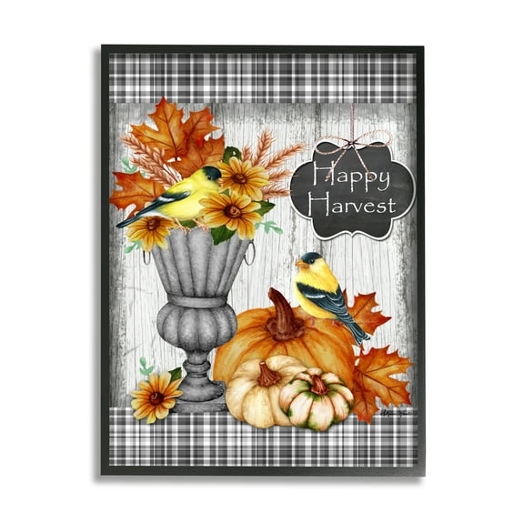 Stupell Home Décor Industries Happy Harvest Charming Autumn Birds and Gourds Black Framed Design by Sheri Hart