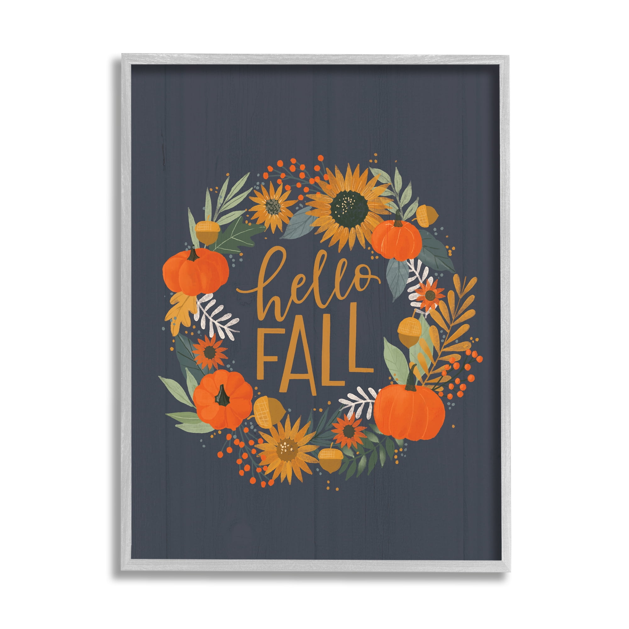 Stupell Home Décor Industries Hello Fall Autumn Greeting Sunflower Pumpkin Wreath, 24 x 30, Designed by Loni Harris