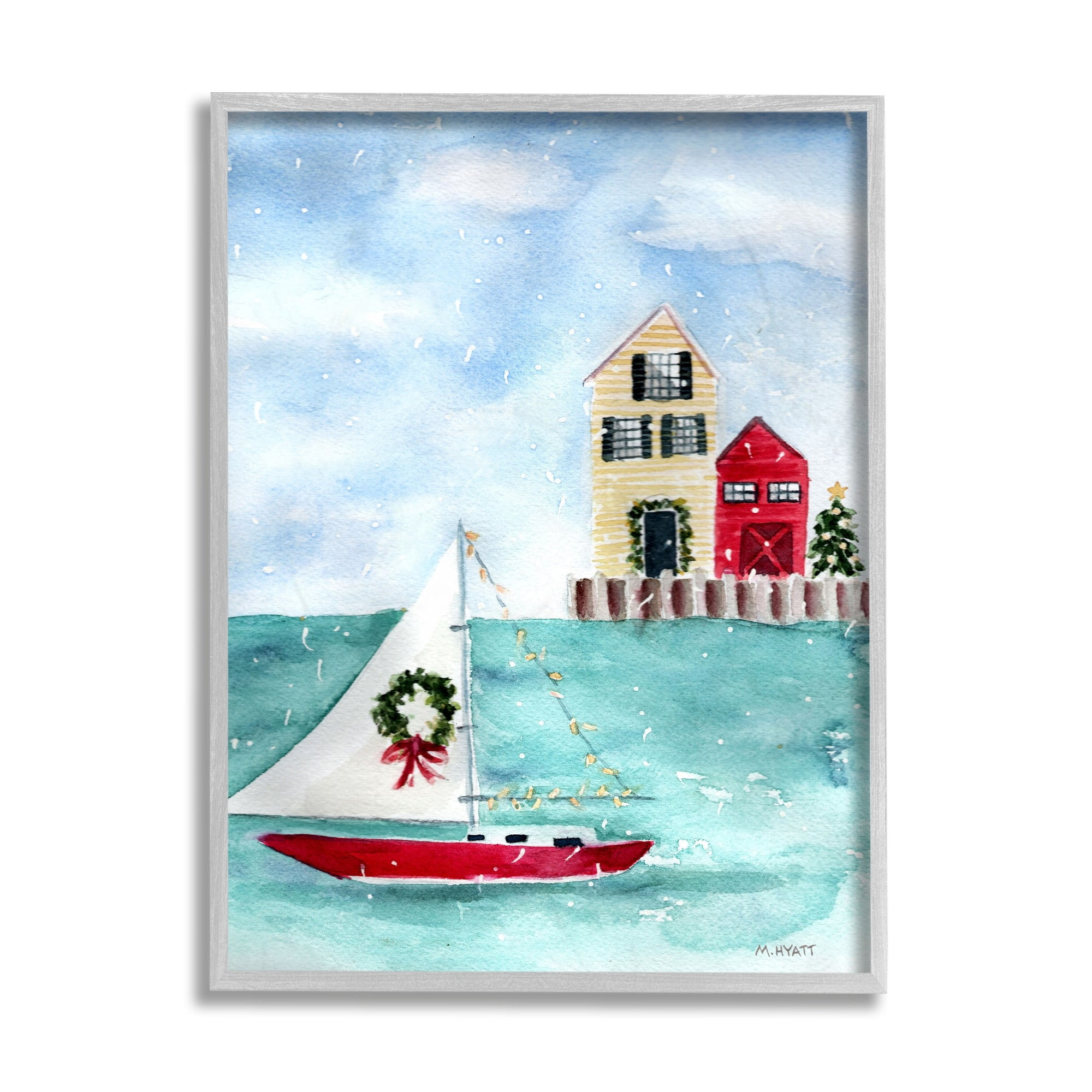 Stupell Industries Holiday Sailboat Wreath Nautical Beach Christmas Gray Framed Design by Melissa Hyatt LLC