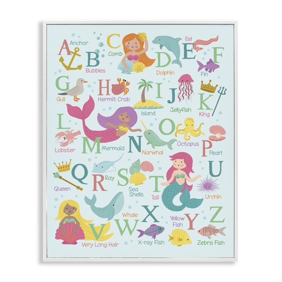 Stupell Industries Coastal Kid's Mermaid Alphabet Beach Fantasy ABC Typography White Framed Giclee Art, 11 x 14, by Lisa Perry Whitebutton