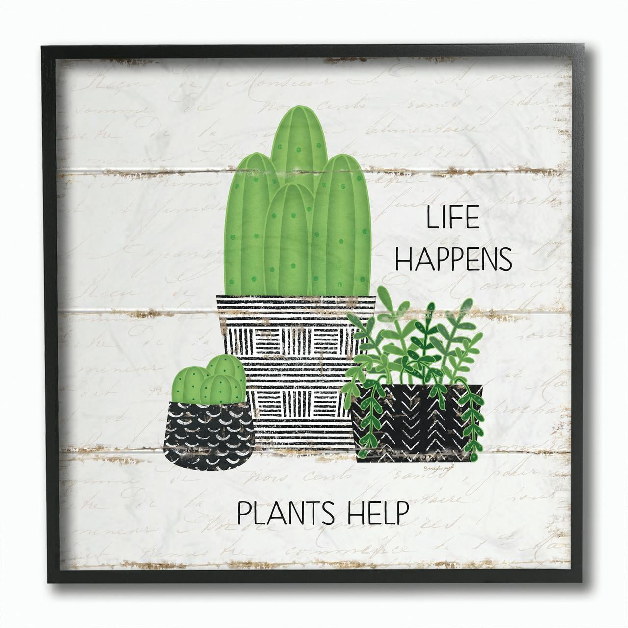 Stupell Home Décor Industries Life Happens Cacti Succulents Wood Textured Design Framed Wall Art by Jennifer Pugh