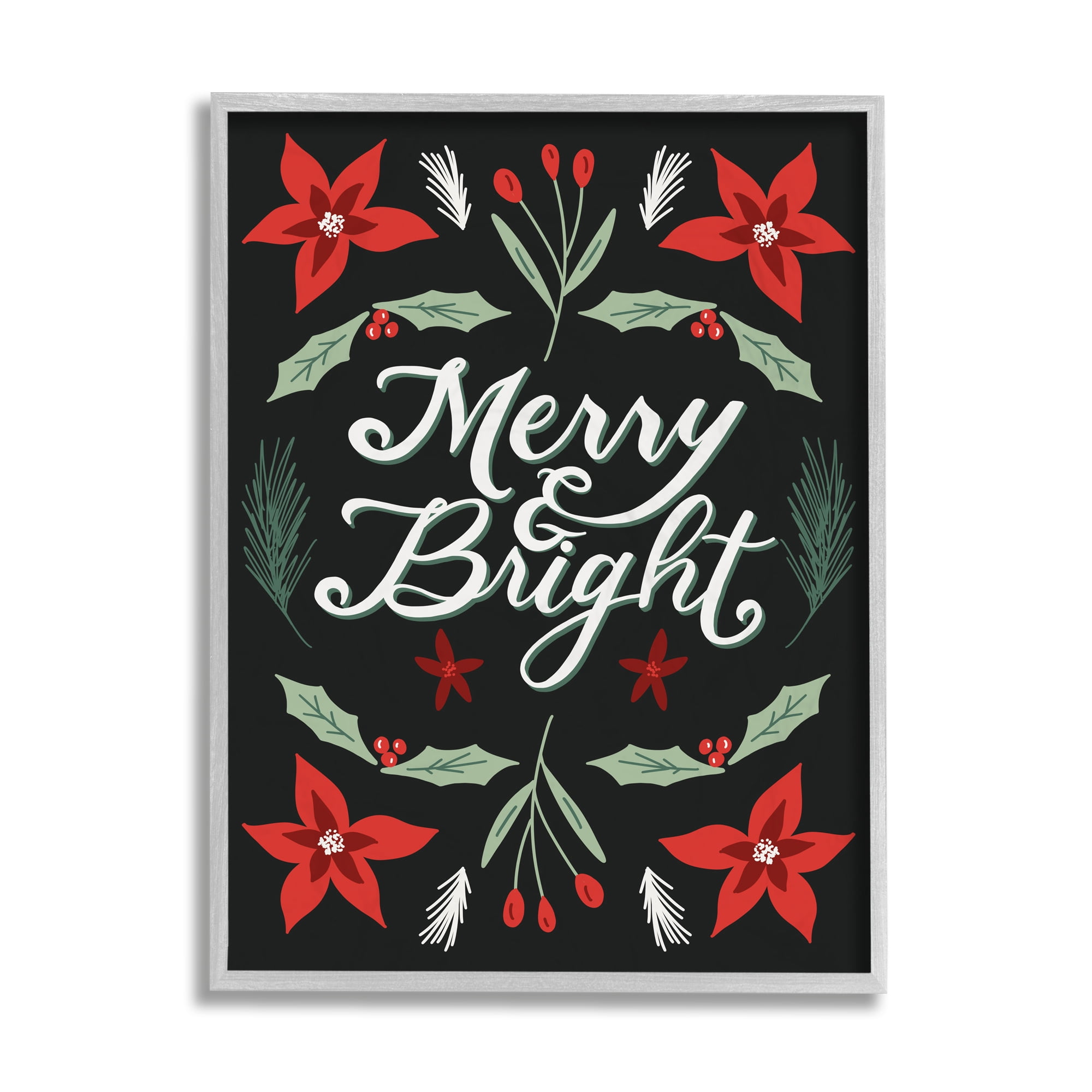 Stupell Industries Merry and Bright Festive Christmas Text Poinsettia Gray Framed Design by Amanda Houston