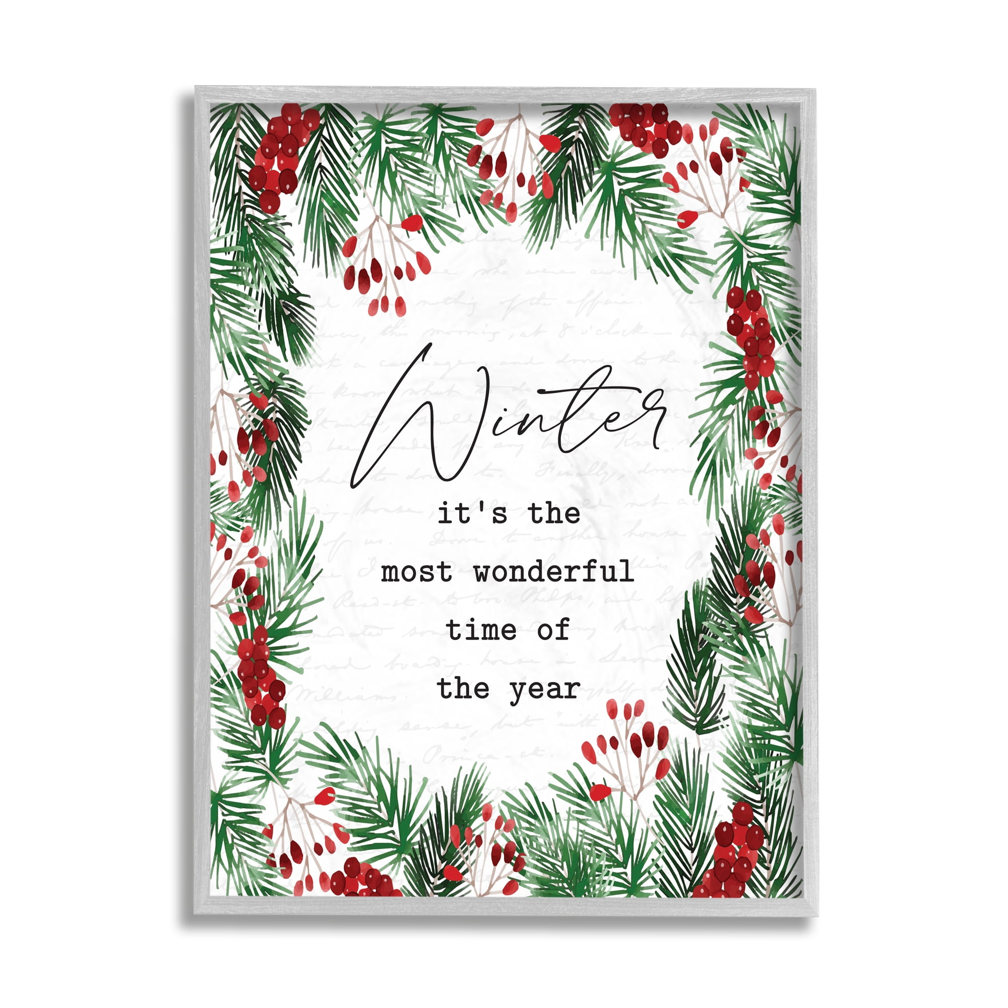 Stupell Home Décor Industries Most Wonderful Time Winter Phrase Festive Wreath Gray Framed Design by Lettered and Lined
