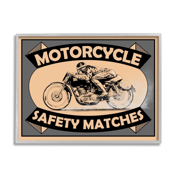 Stupell Home Décor Industries Motorcycle Safety Matches Grey Tan Bike Rider, 24 x 30, Designed by Mark Rogan