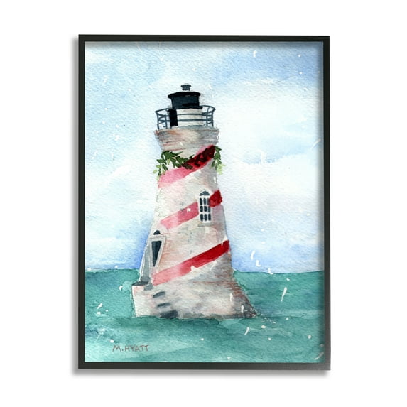 Stupell Home Décor Industries Nautical Holiday Lighthouse Christmas Candy Cane Stripes Black Framed Design by Melissa Hyatt LLC