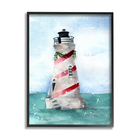 Stupell Industries Nautical Holiday Lighthouse Christmas Candy Cane Stripes Black Framed Design by Melissa Hyatt LLC