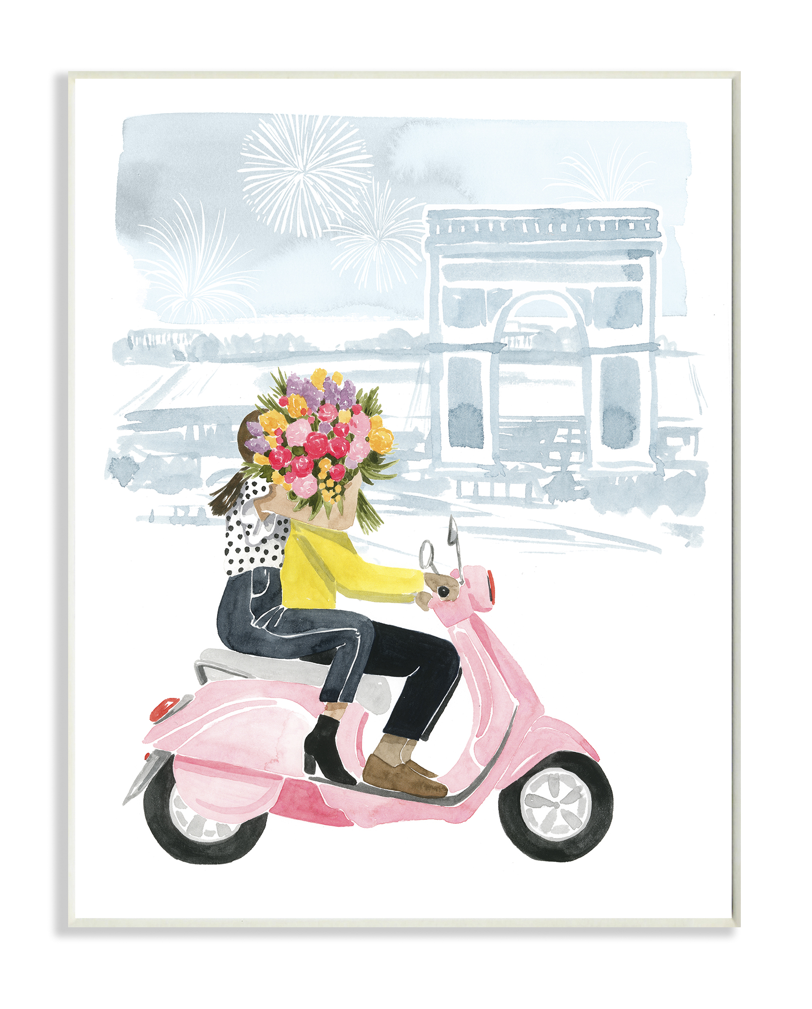 Stupell Home Décor Industries Paris Flower Scooter Pink Blue Watercolor Painting Wood Plaque by Grace Popp