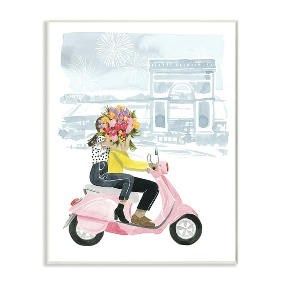 Stupell Home Décor Industries Paris Flower Scooter Pink Blue Watercolor Painting Wood Plaque by Grace Popp