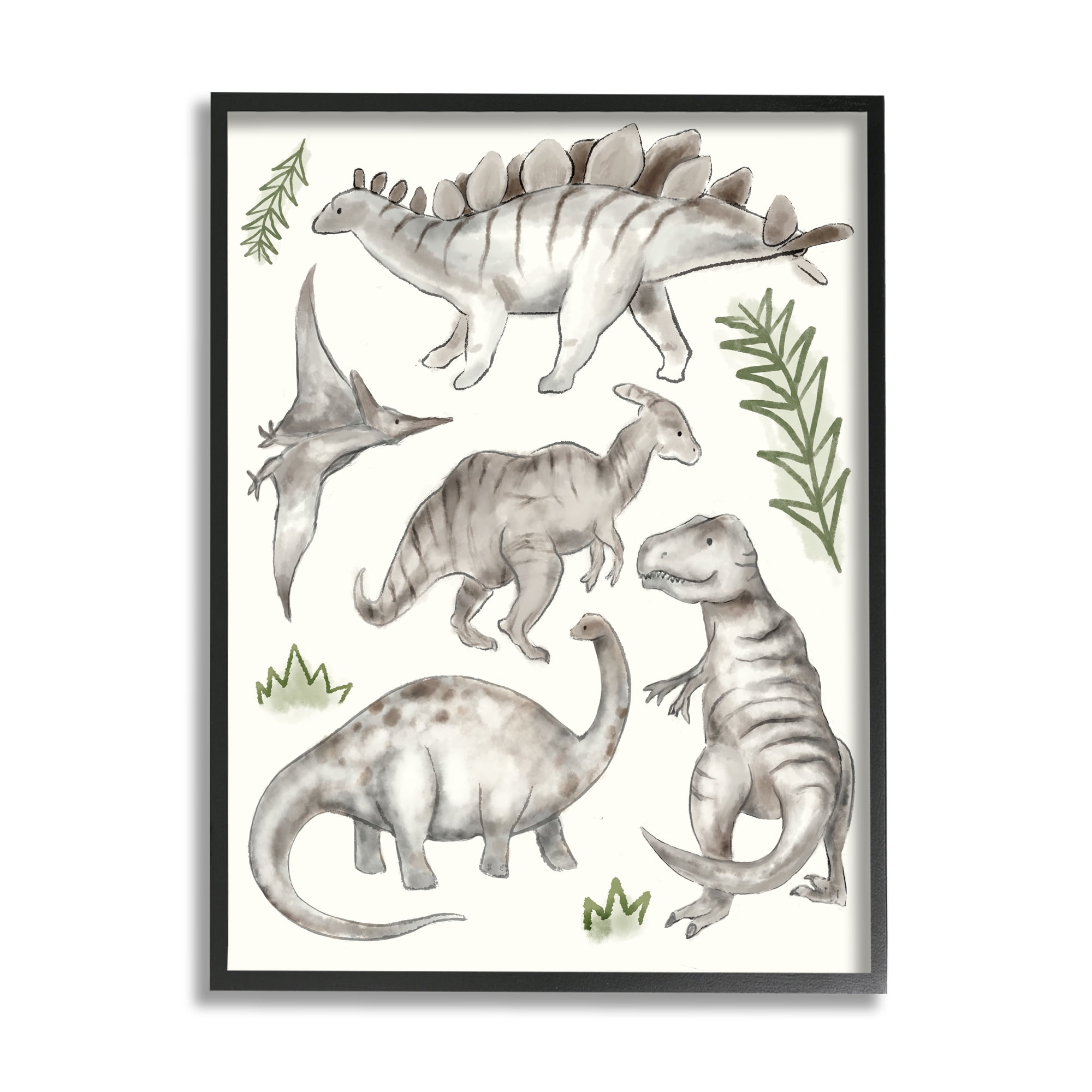 Stupell Home Décor Industries Playful Grey Dinosaurs Minimal Green Leafy Plants, 11 x 14, Designed by Daphne Polselli