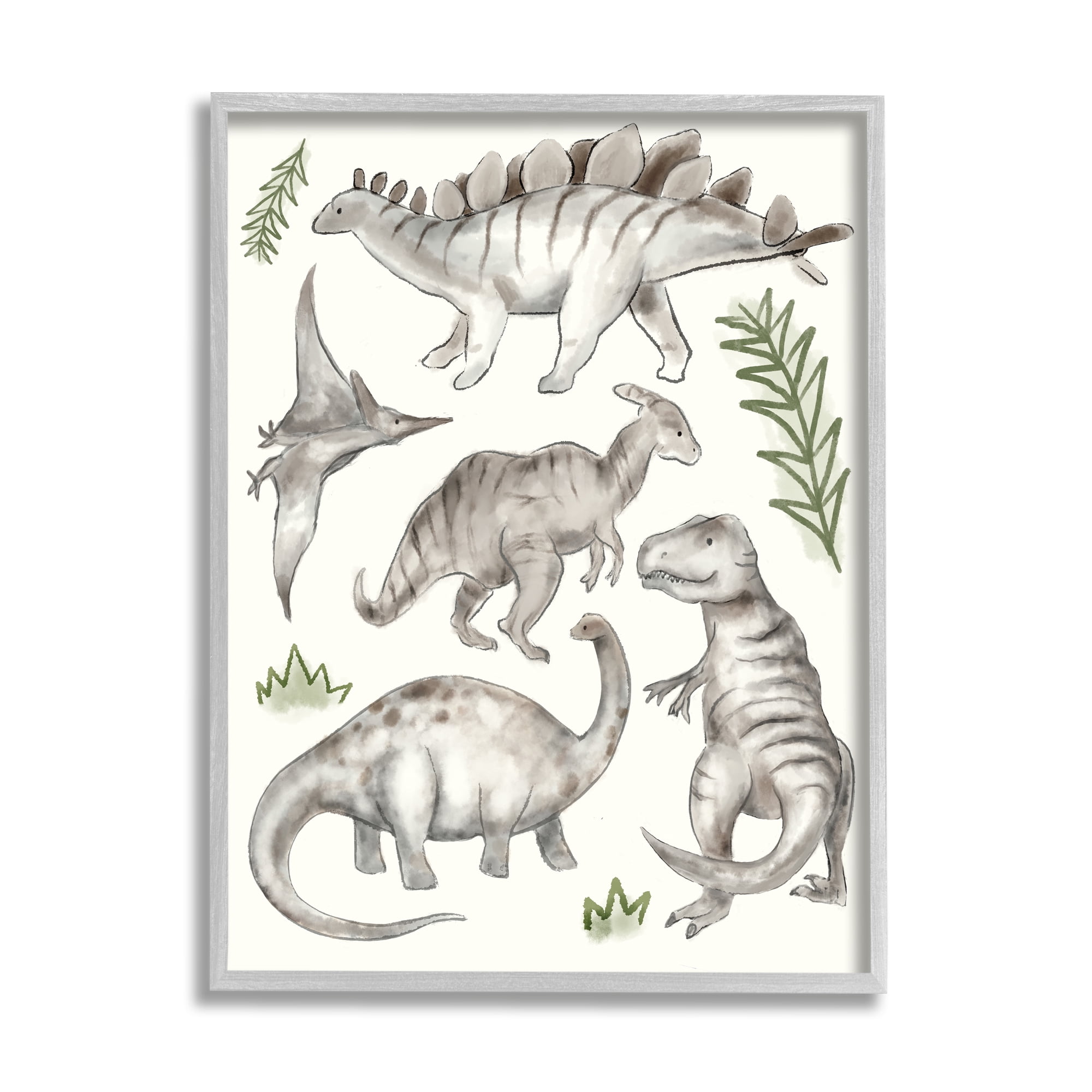 Stupell Home Décor Industries Playful Grey Dinosaurs Minimal Green Leafy Plants, 11 x 14, Designed by Daphne Polselli